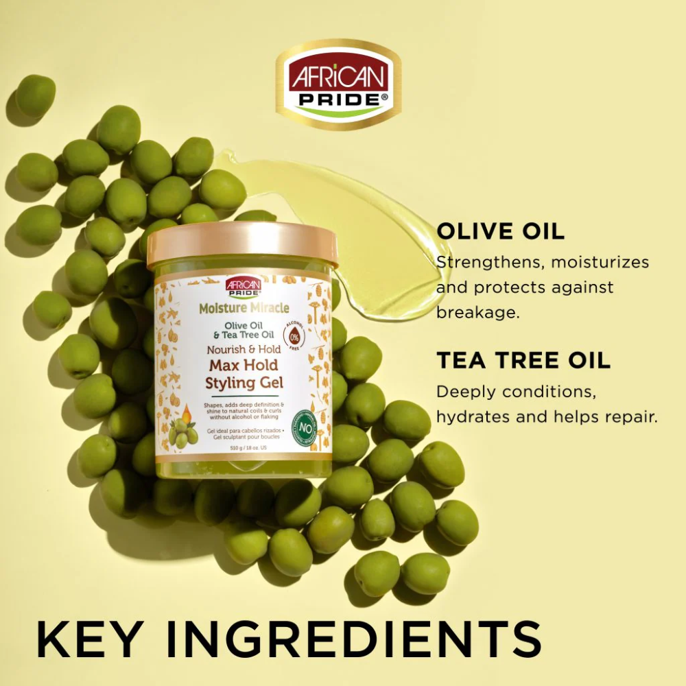 African Pride Moisture Miracle Olive Oil & Tea Tree Max Hold Styling Gel – 510g
